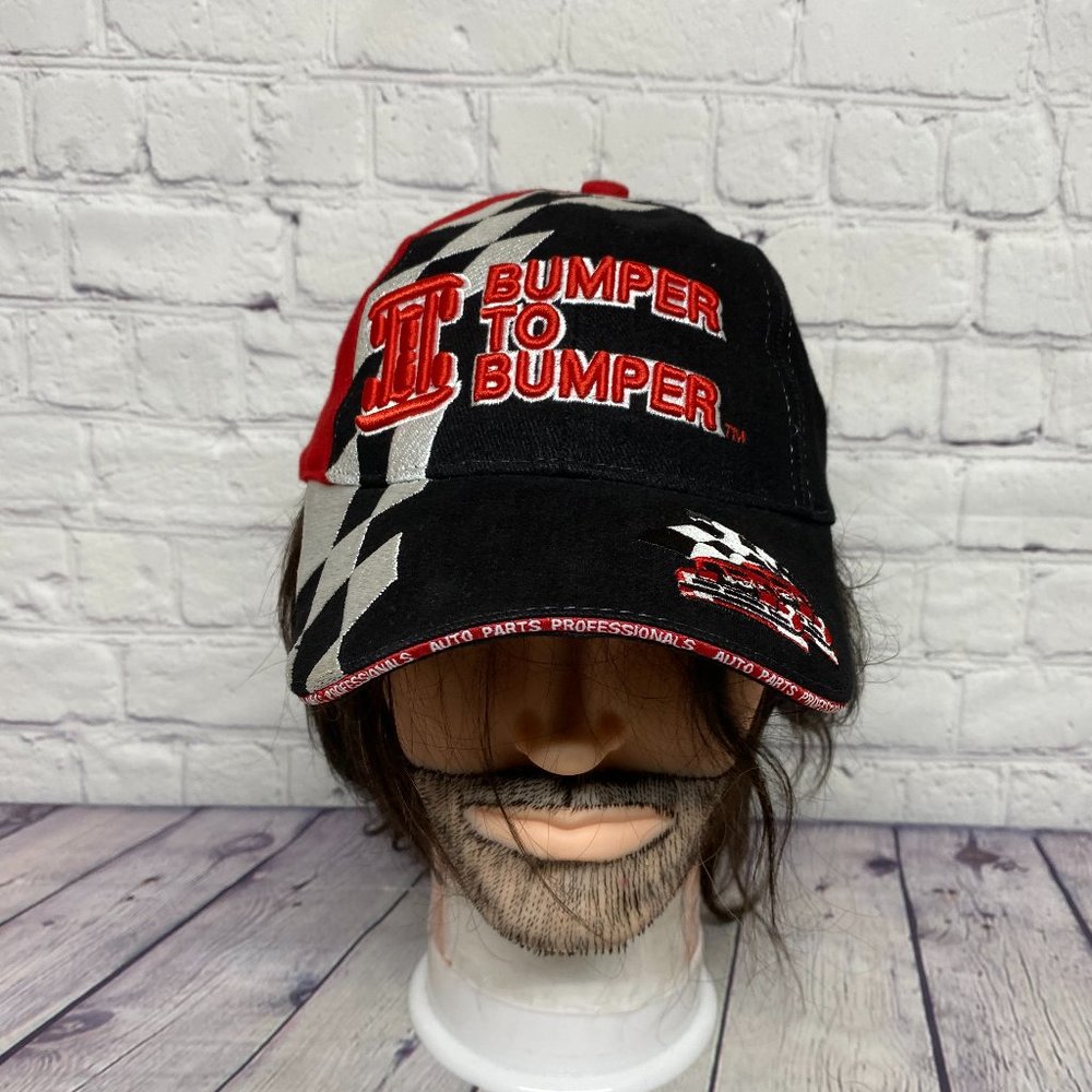 Racing Hat Cap Strap Back Black Red Bumper to Bumper Checkered Flag Embroidered